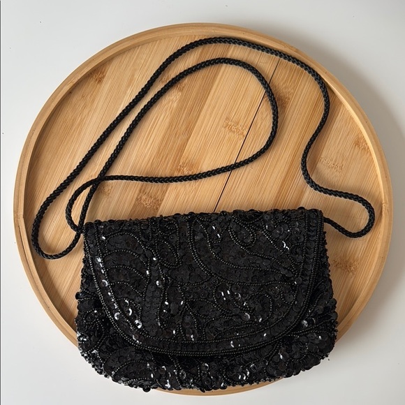 Small Elegant Black Beaded Sequin Crossbody Shoulder Bag Purse Formal Evening - Picture 1 of 6